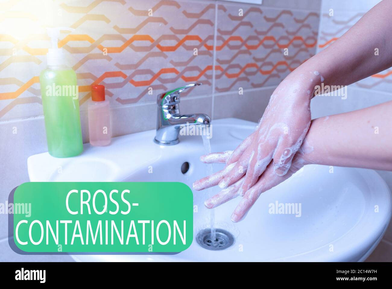 Writing note showing Cross Contamination. Business concept for Unintentional transmission of bacteria from one substance to another Handwashing proced Stock Photo