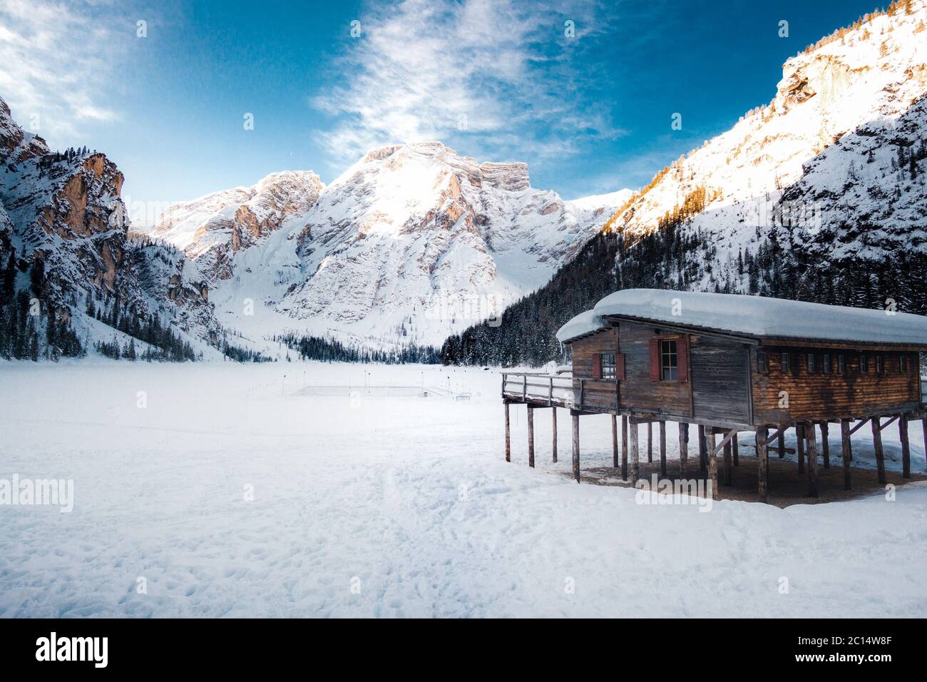 Incredible Nature Landscape. Braies Lake in the Dolomites mountains, Italy. Lake  Braies is also known as Lake Braies. Wonderful winter atmosphere Stock  Photo - Alamy