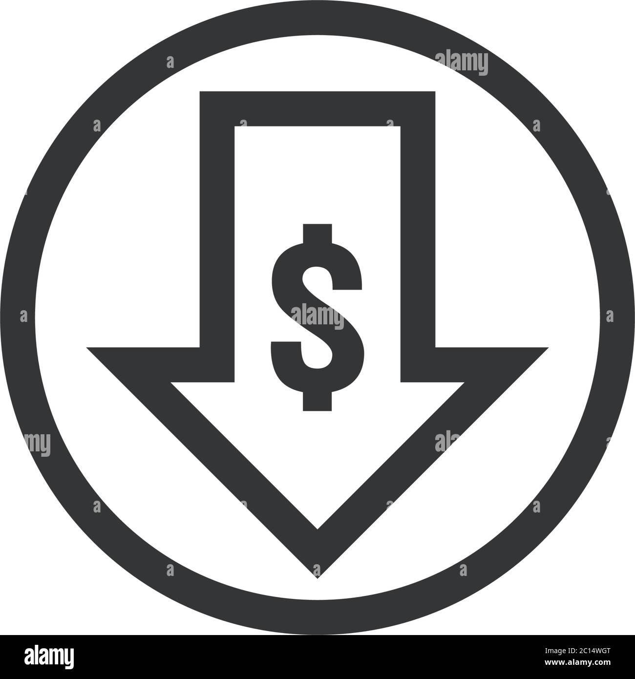 dollar arrow decrease icon. Money arrow symbol. economy stretching rising drop fall down. Business lost crisis decrease. lower cost, reduction Stock Vector