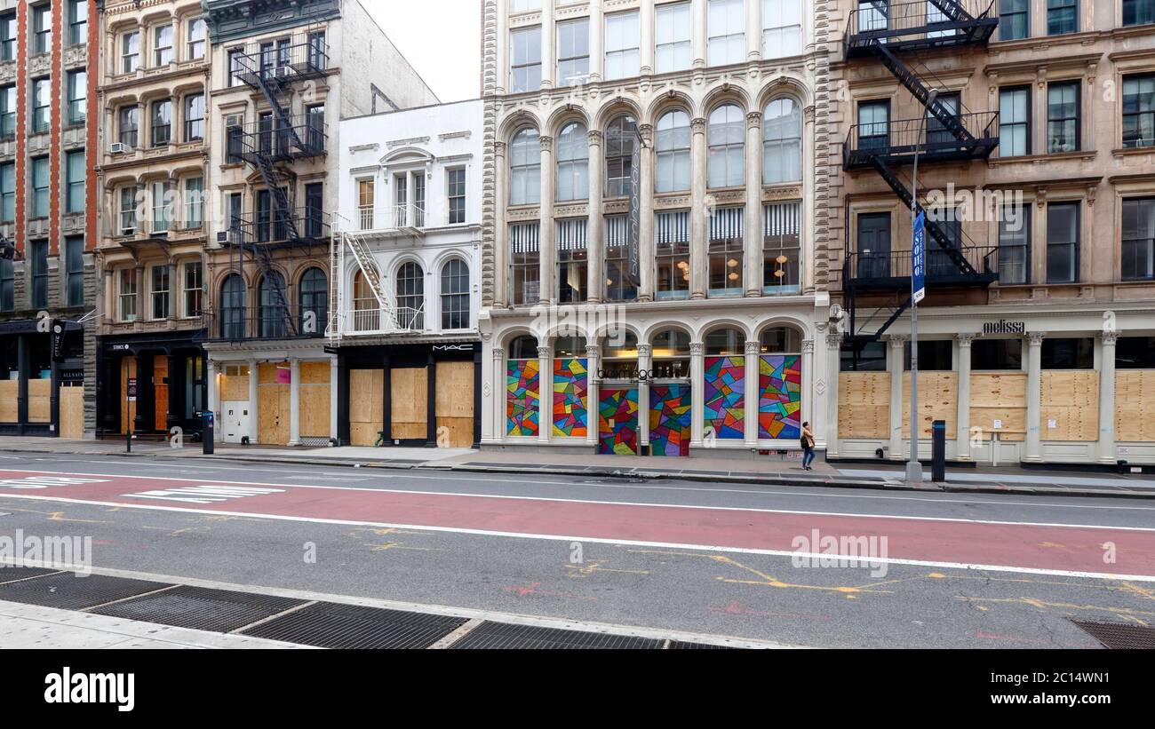 Shuttered, boarded up, closed storefronts in the SoHo neighborhood of Manhattan, New York.  June 5, 2020. Stock Photo