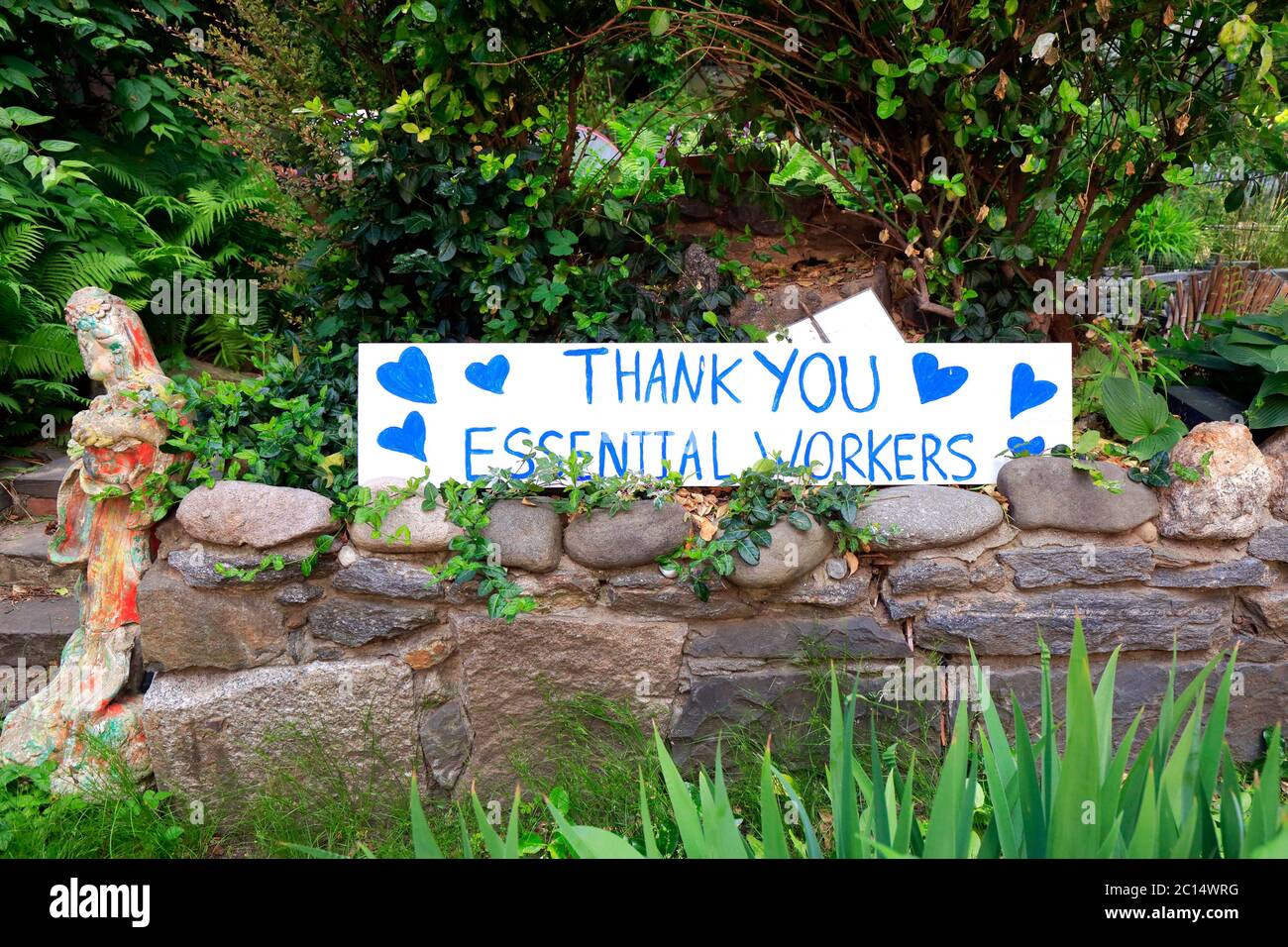 A 'Thank You Essential Workers' sign at 6B community garden in the East Village neighborhood of Manhattan, New York. June 7, 2020. Stock Photo