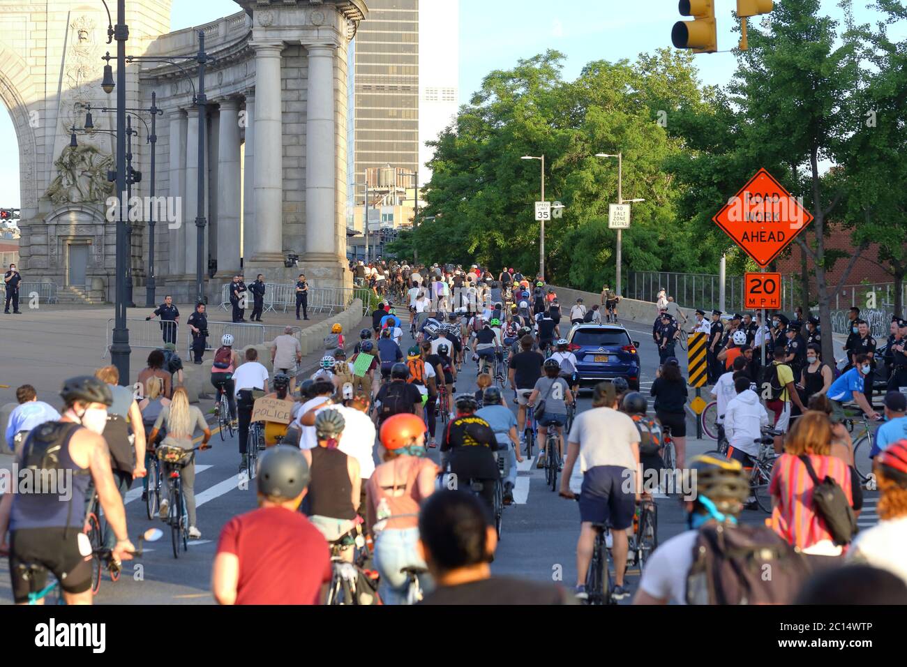 New York, NY. June 8, 2020. Over a thousand cyclists enter the Manhattan Bridge roadway in a Black Lives Matter solidarity ride through Brooklyn and Stock Photo
