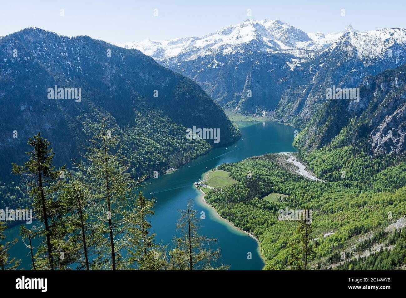 Panoramic view of Lake and Mountain in the background during a sunny day. Taken in viewpoint Archenkanzel, Konigssee lake in Berchtesgaden, Germany. Stock Photo