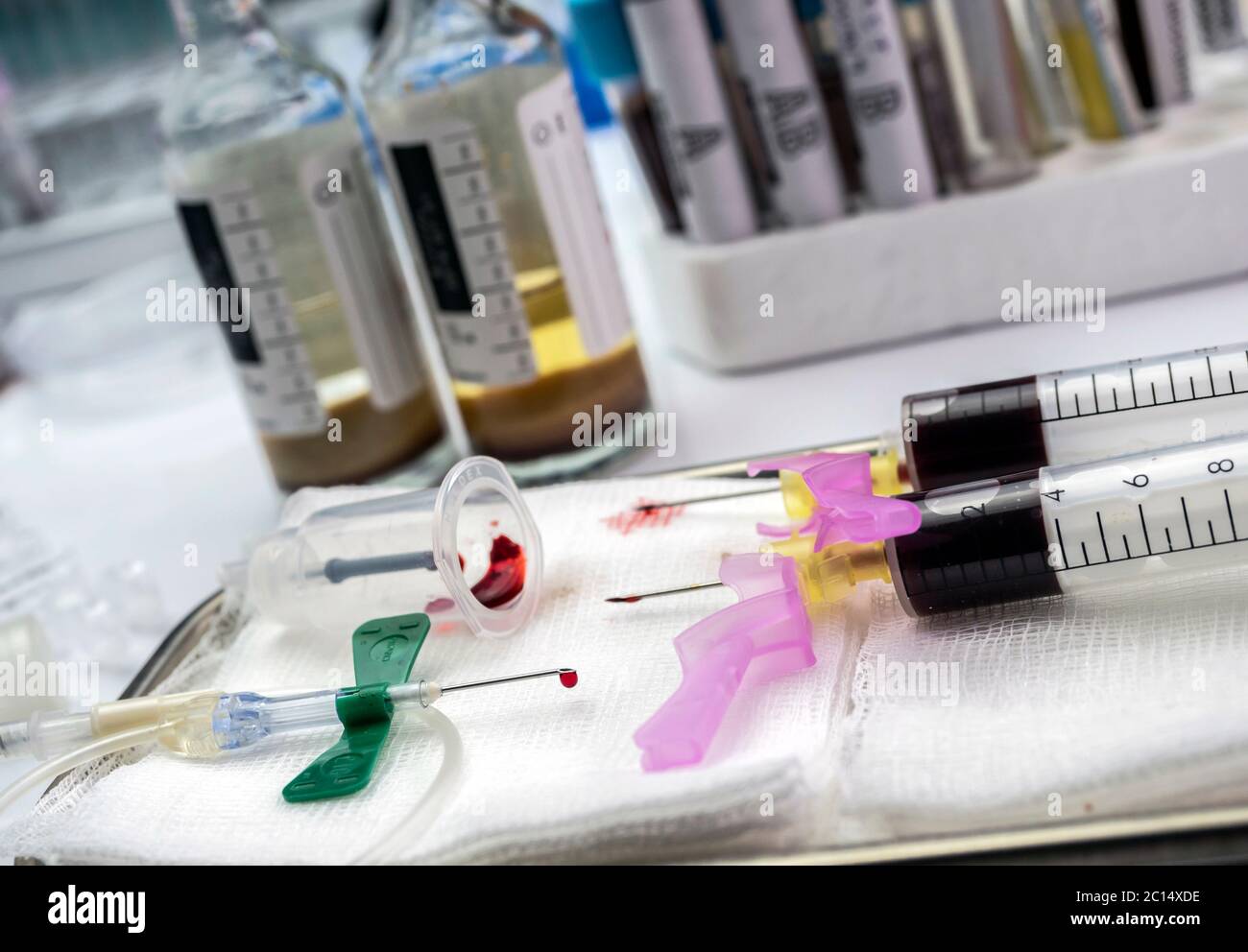 Aerobic and anaerobic blood culture sampling in a hospital, Spain Stock Photo