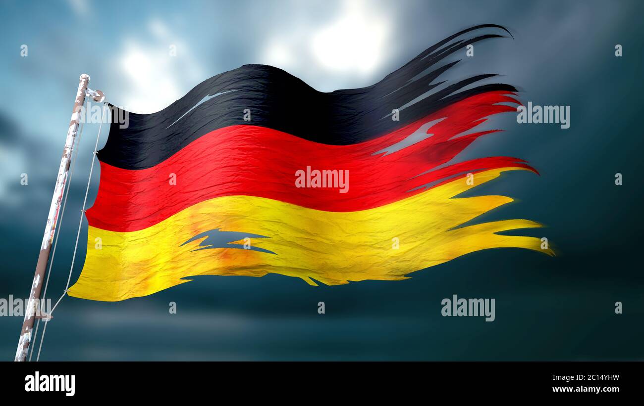3d illustration of a ripped and torn flag of germany in front of a dark cloudy sky Stock Photo