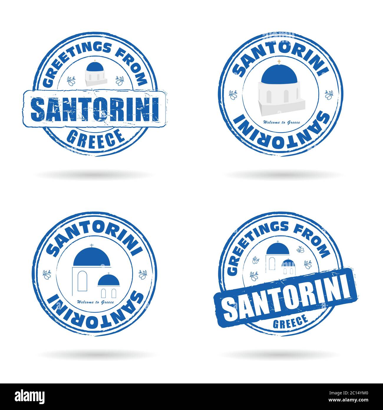 santorini greek island grunge rubber in blue and white color art illustration Stock Vector