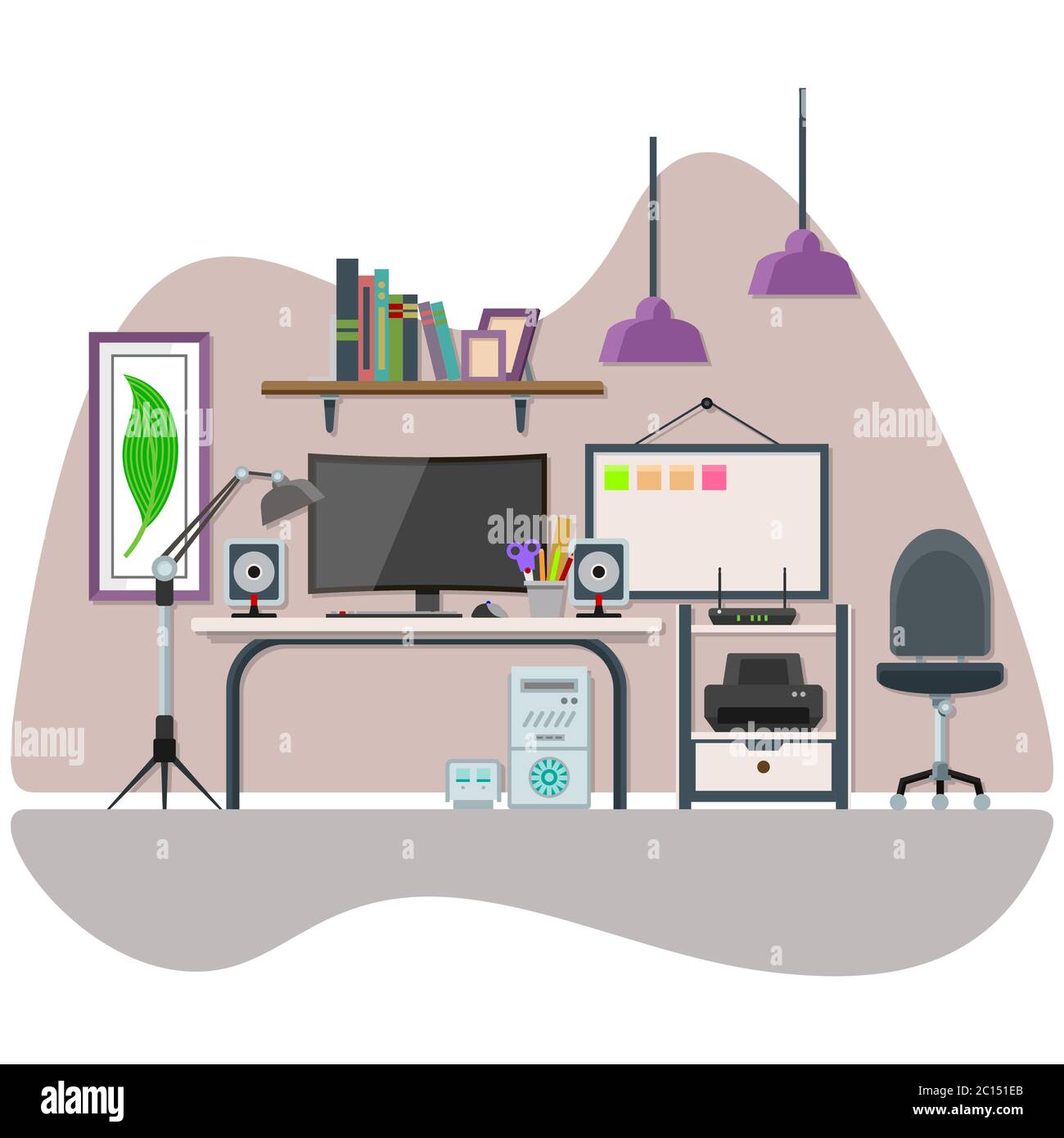 Vector illustration of the interior of a front look workspace in a comfortable room. Suitable for design elements from illustrations working from home Stock Vector