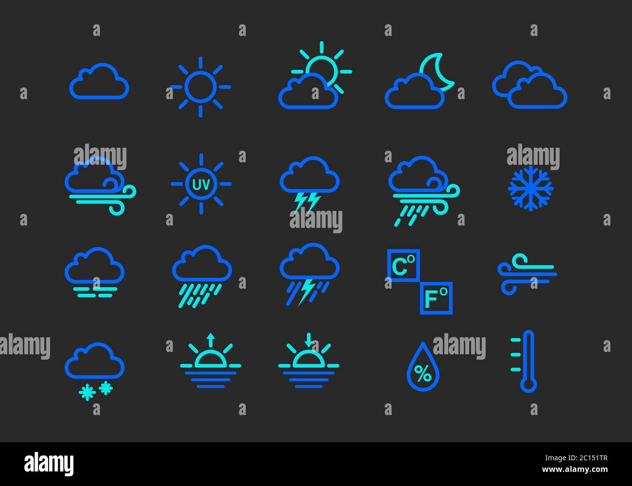 Collection of weather conditions icons with two different contrasting colors. Suitable for weather forecast report icons. Weather graphic element set. Stock Vector