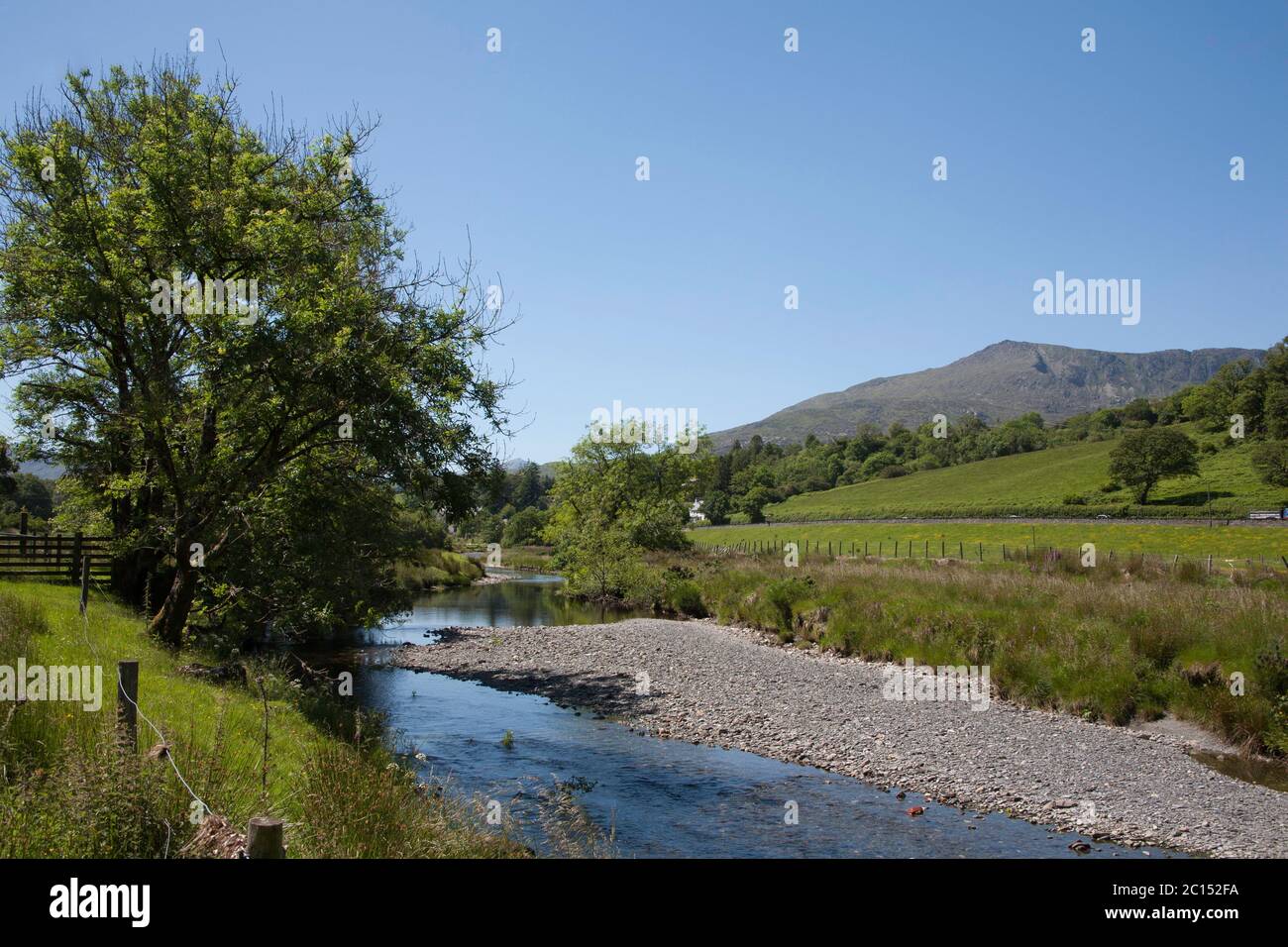 Moel Siabod above the Afon Lledr near the village of Dolwyddelan in the Lledr Valley between Blaenau Ffestiniog and Betws-y-Coed Snowdonia North Wales Stock Photo