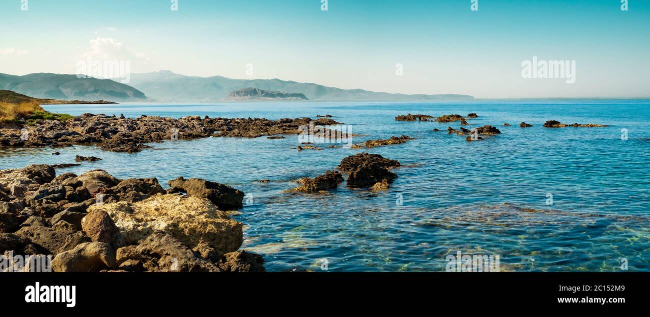 The wonderful colors of the Aegean sea, near Monemvasia, Laconia, Peloponnese, Greece. Stock Photo