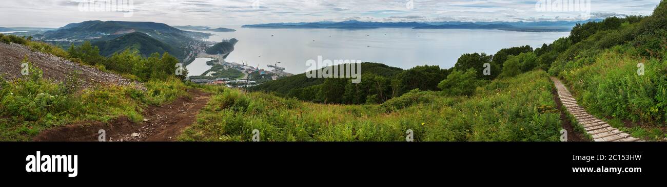 Summer panorama of Petropavlovsk-Kamchatsky and Avacha Bay. View from Mishennaya hills. Stock Photo