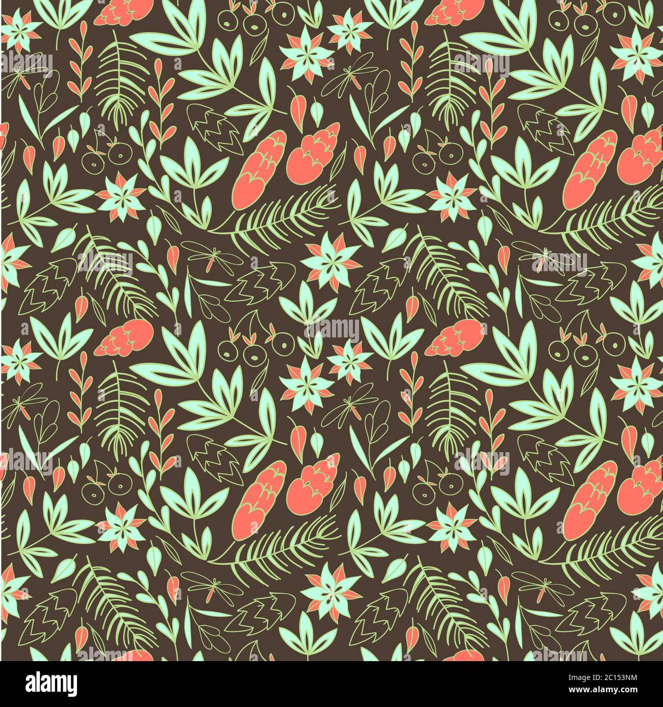 Leaves, pine tree branches and flowers on brown background. Stock Vector
