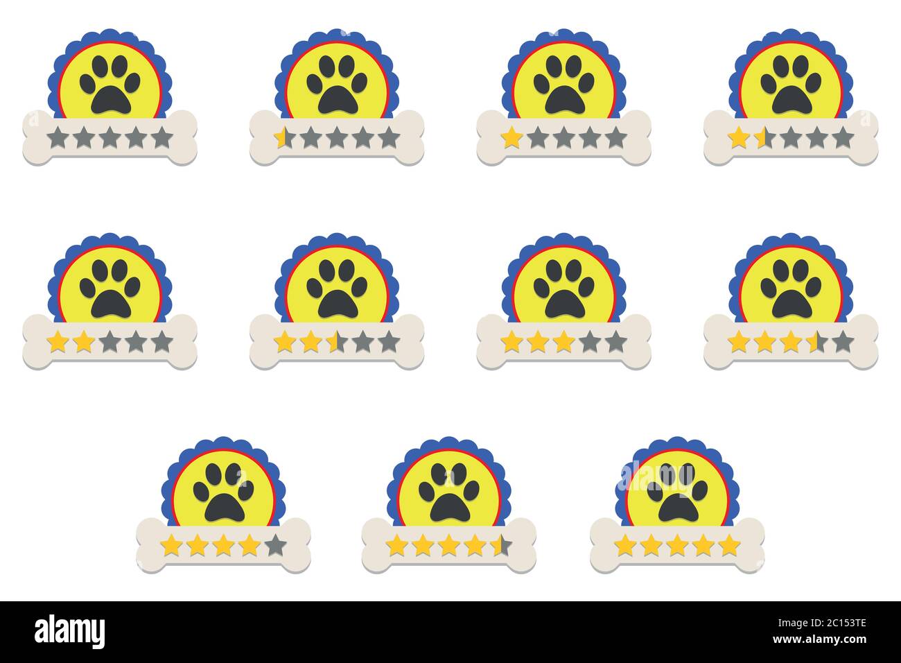 Product rating or customer review with stars and half star flat vector icons for pet related apps and websites Stock Vector
