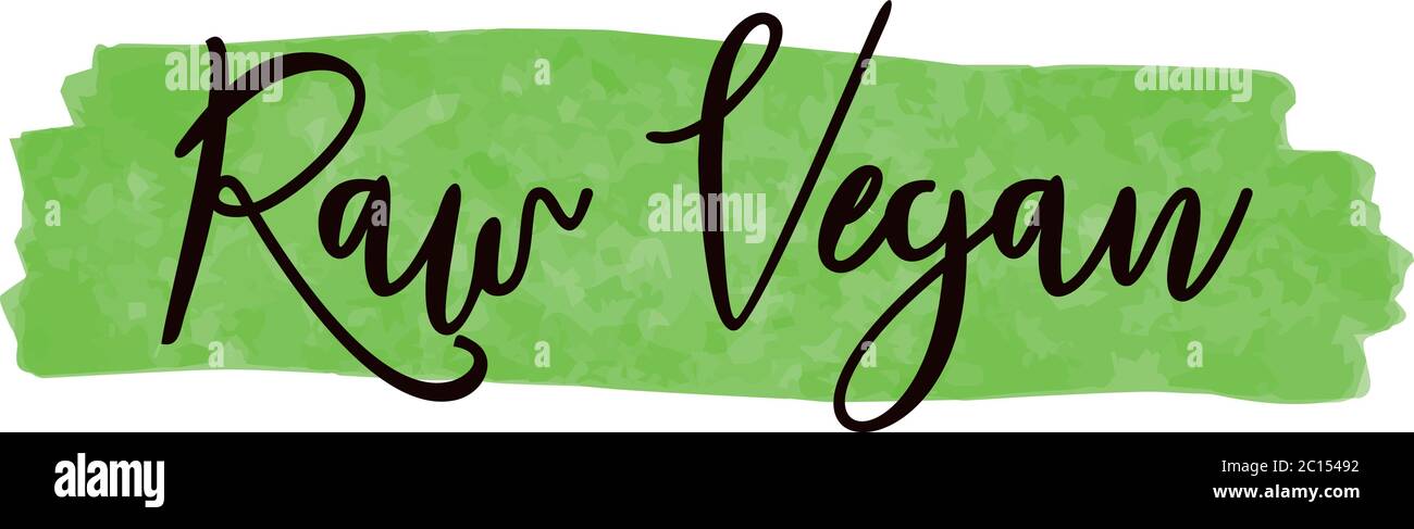 Raw vegan title for product label on green watercolor brush stroke background Stock Vector