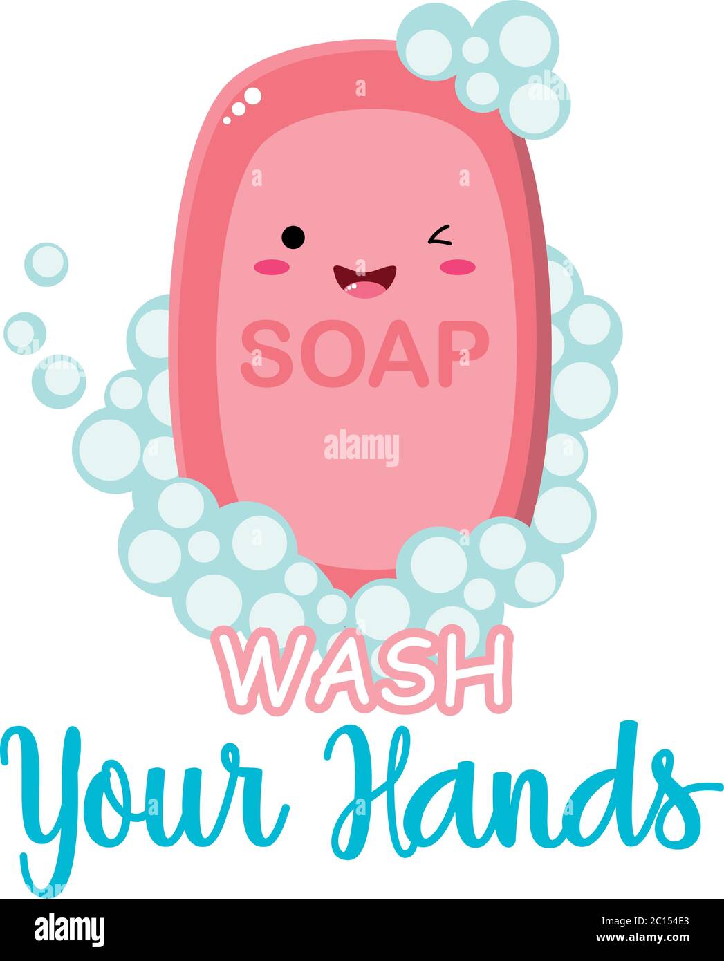 Cute, pink, kawaii soap with Wash your hands title and bubbles. Perfect