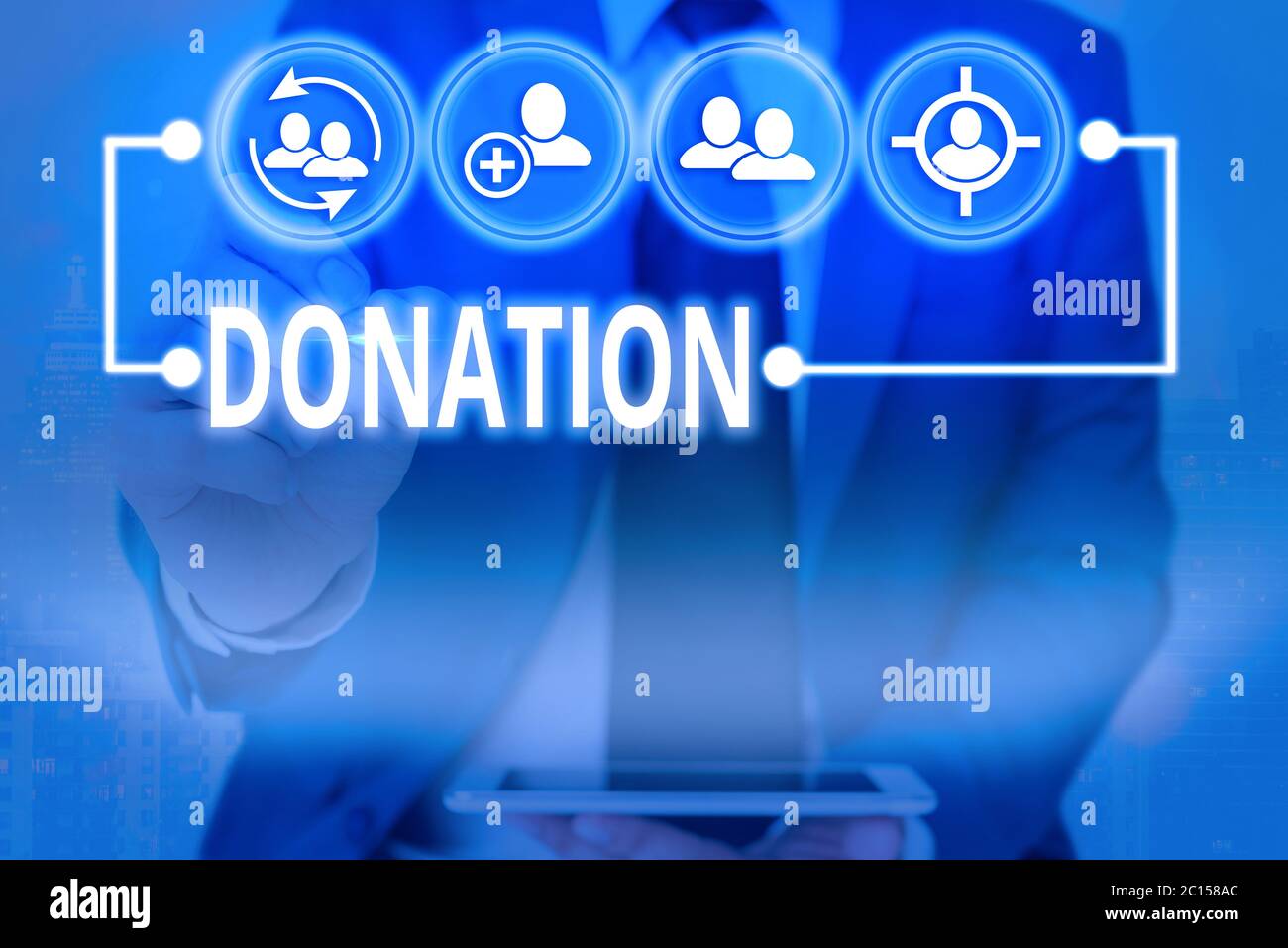 Writing note showing Donation. Business concept for something that is given to a charity, especially a sum of money Information digital technology net Stock Photo