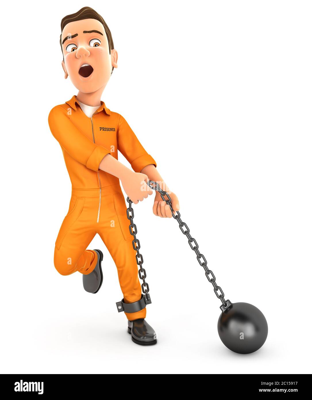 3d prisoner trying to lift ball and chain, illustration with isolated white background Stock Photo