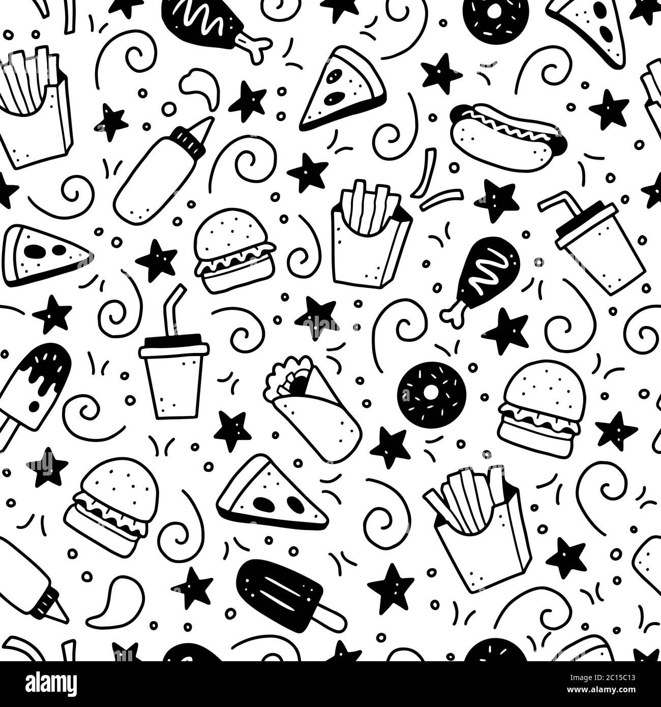 Hand drawn seamless pattern with fast food elements, burger, pizza,  sandwich, hamburger, snack. Doodle sketch style. Fast food element for  background, menu, wallpaper design. Vector illustration Stock Vector Image  & Art -