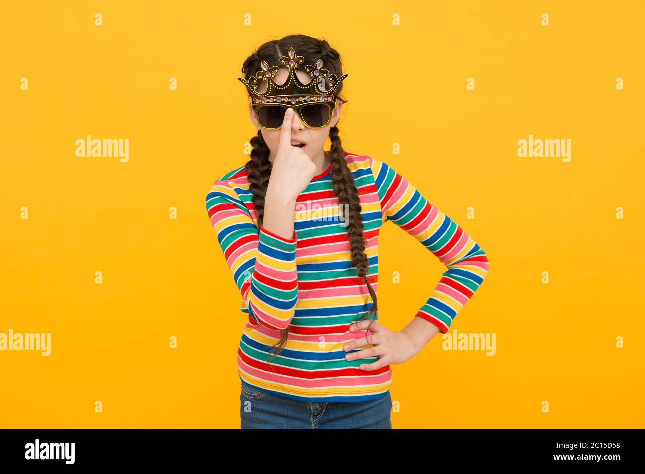 Party queen. Celebrate as real queen. Kid wear golden crown. Royal