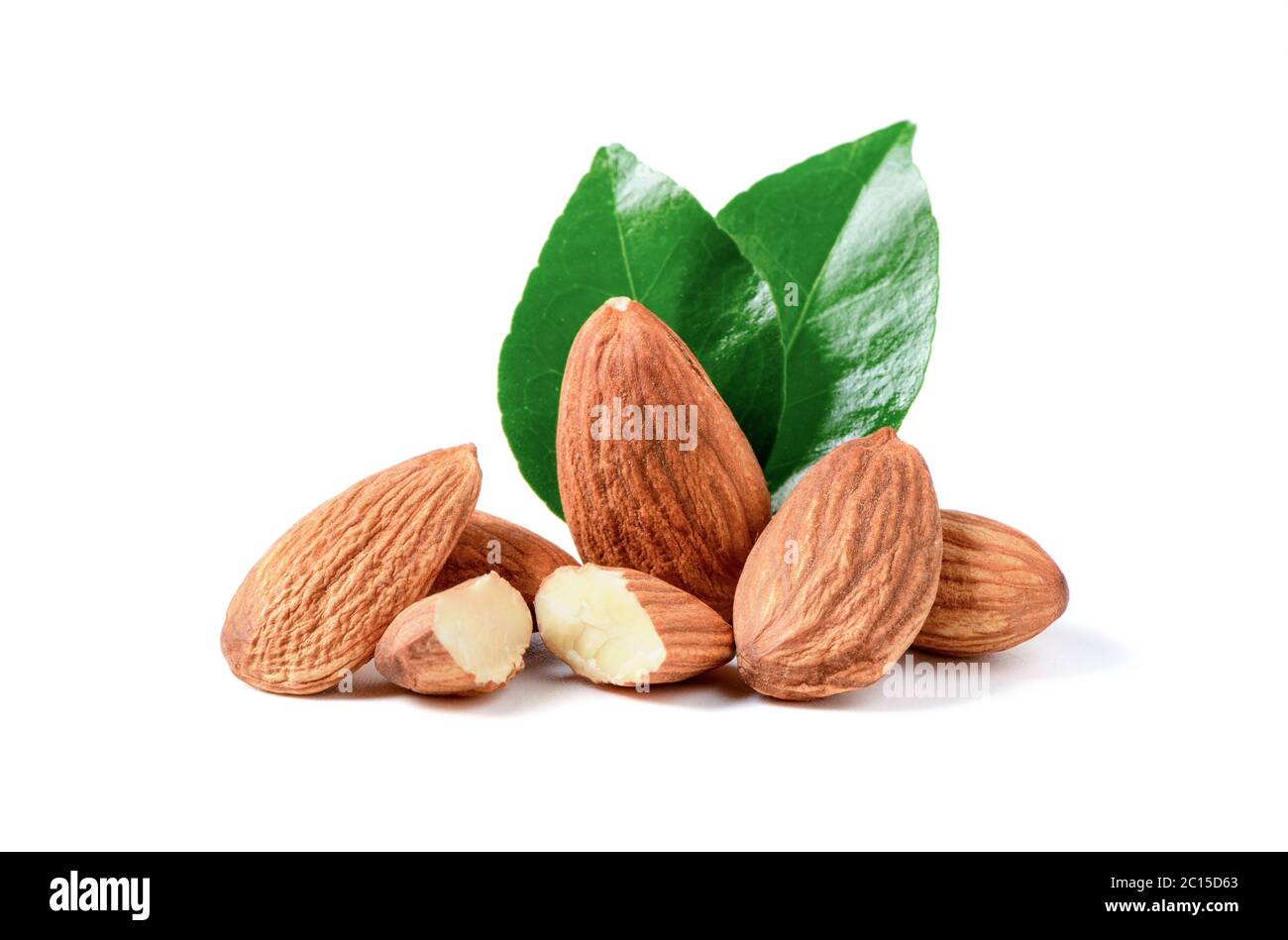 Almonds nuts with leaf isolated on white background, Almonds are very