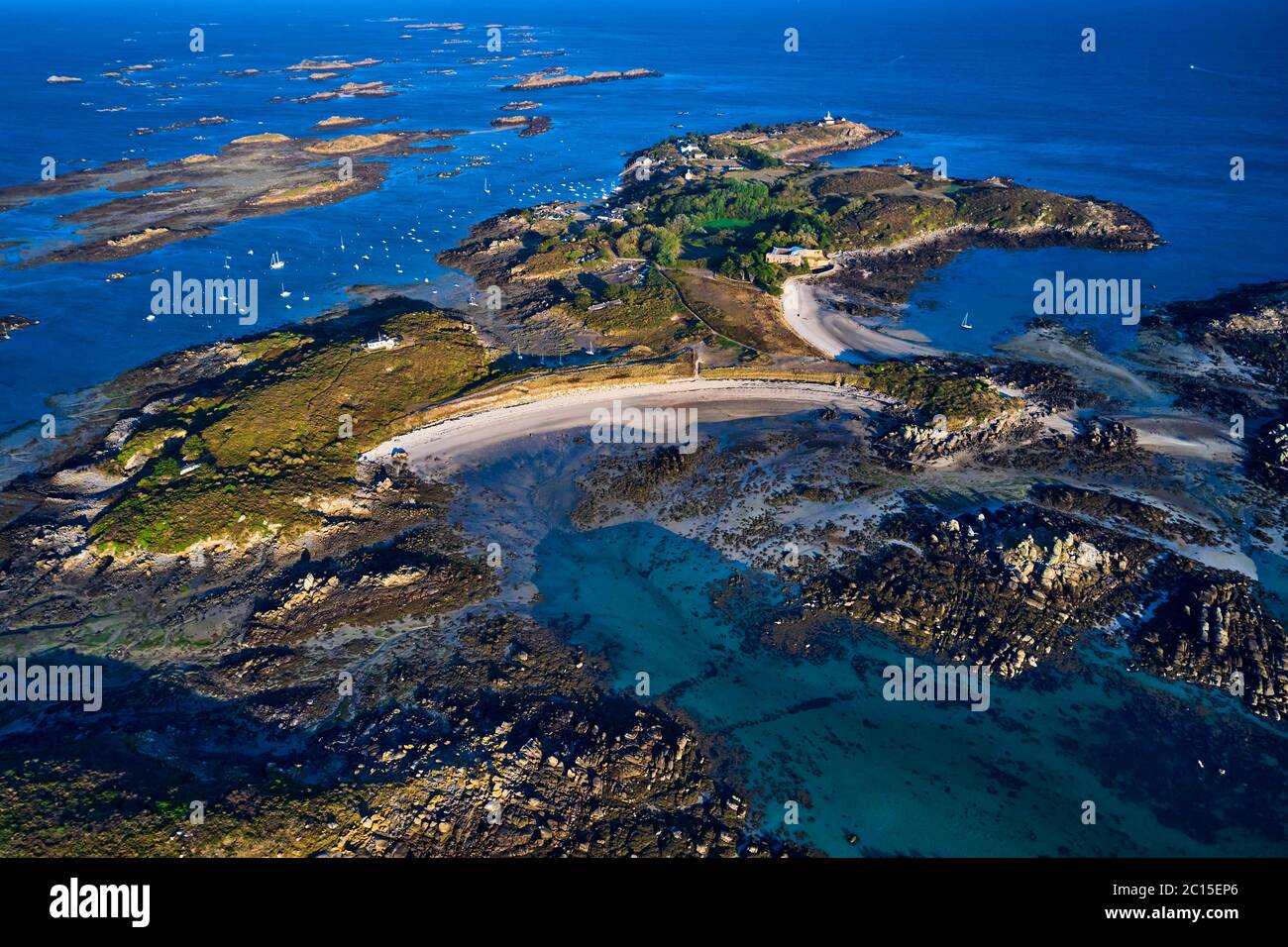 France, Normandy, Manche department, Chausey isands, Old Fort and Port Homard and Grande Greve beach Stock Photo