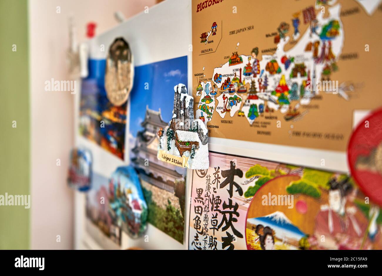 Postcards and magnets from Japan and other countries Stock Photo