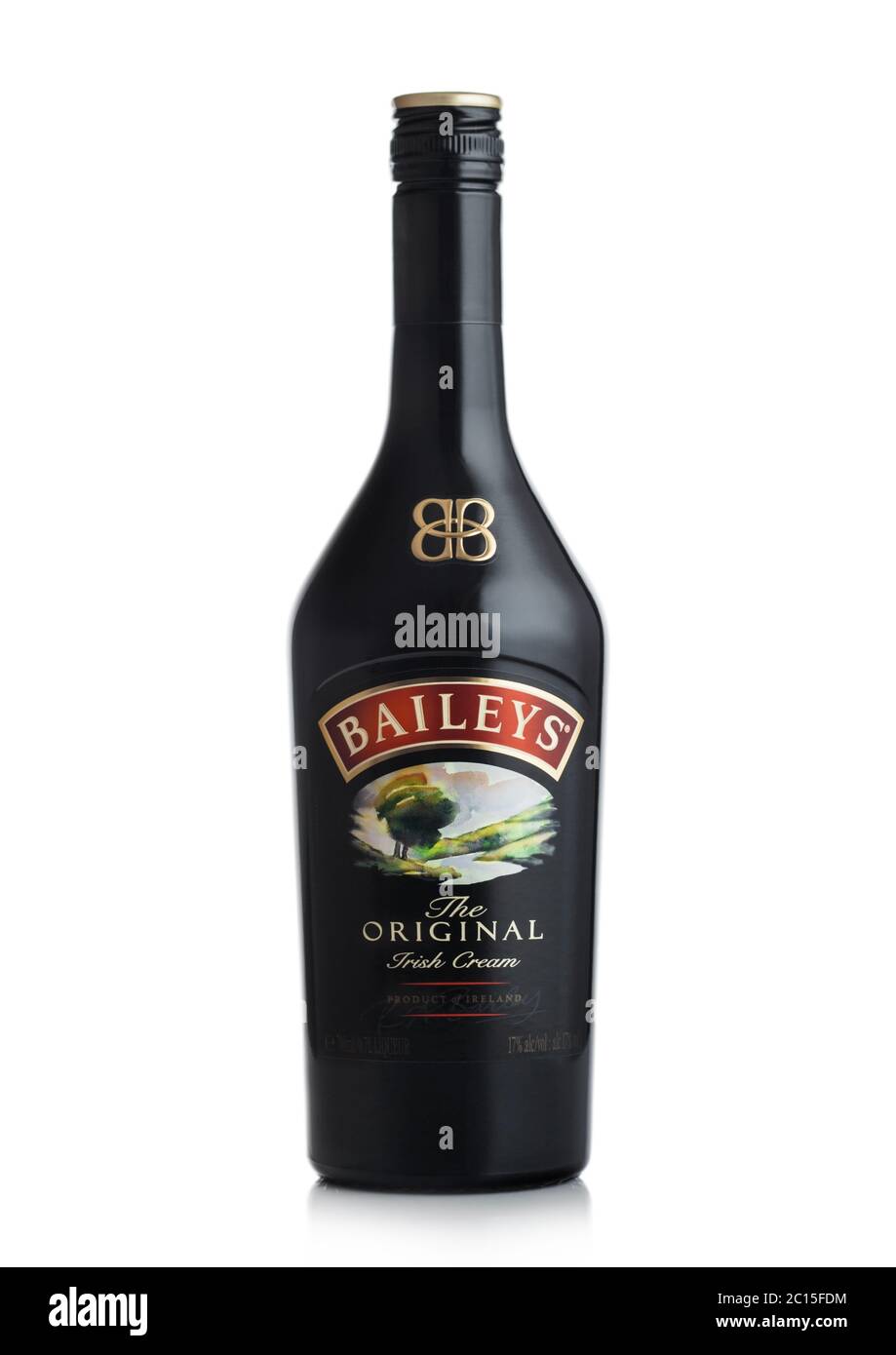 LONDON, UK - JUNE 02, 2020: Bottle of Baileys Original Irish Cream on white background. Irish whiskey and cream based liqueur. Stock Photo