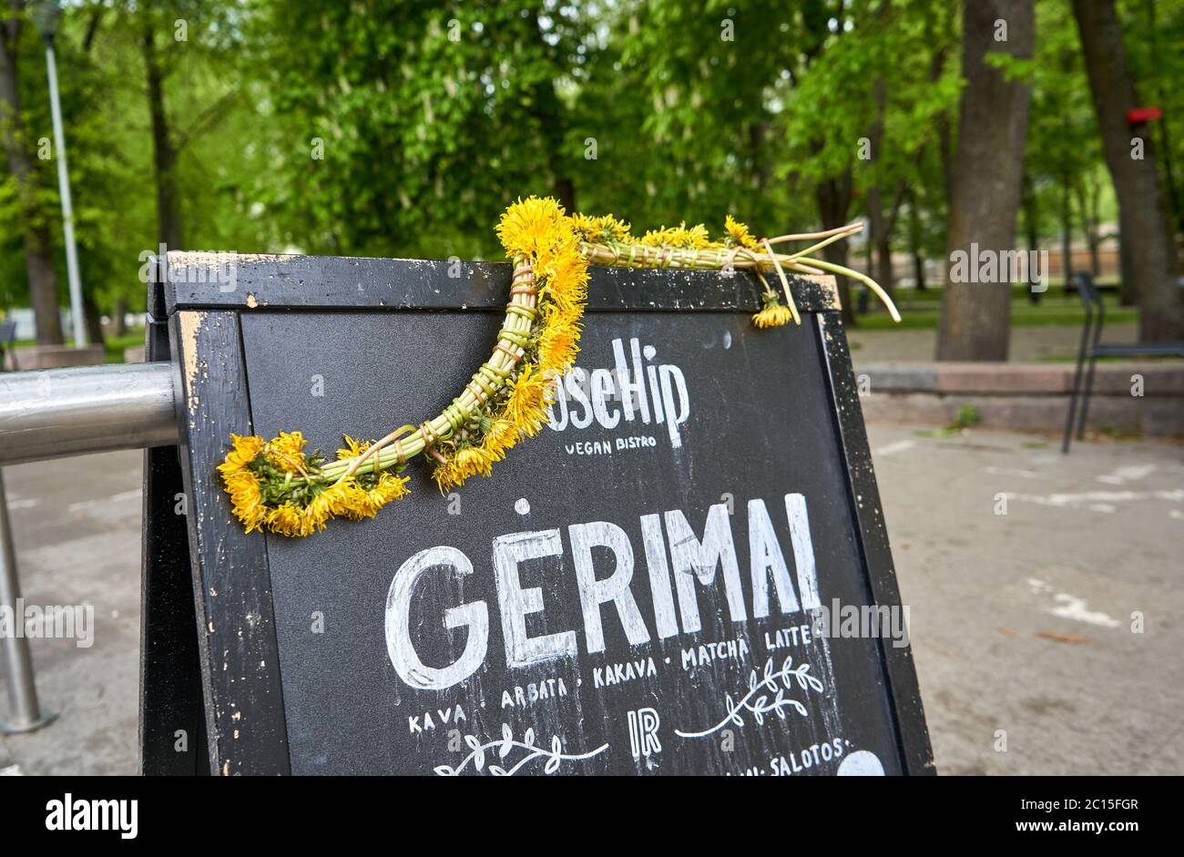 Restaurant sign attracting clients to visit in Vilnius Stock Photo