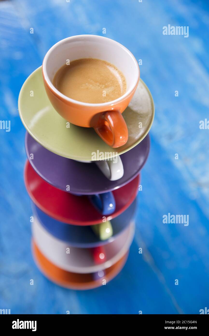 Tower of cups of coffee Stock Photo Alamy