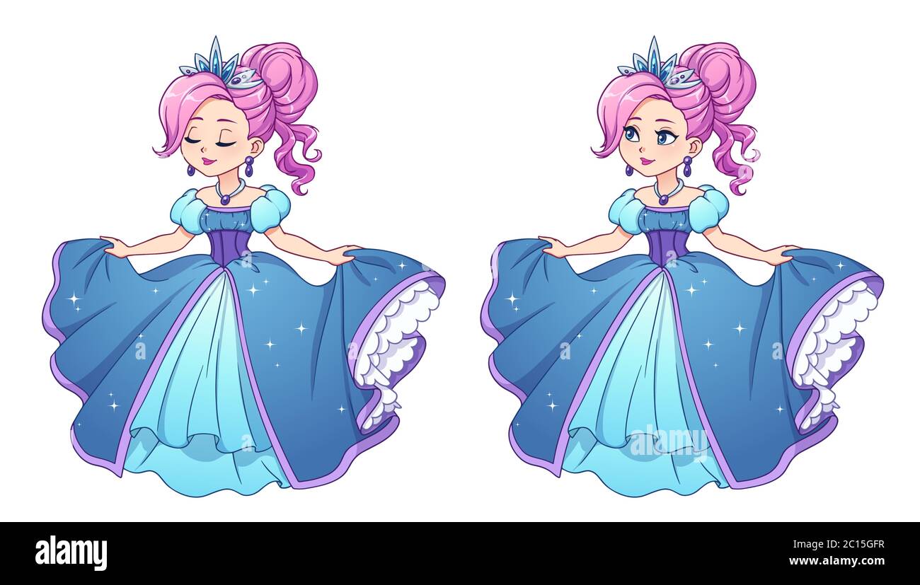 Pretty little princess with pink hair and wearing blue ball dress and  silver crown. Big cartoon head. Opened and closed eyes versions. Hand drawn  vect Stock Vector Image & Art - Alamy