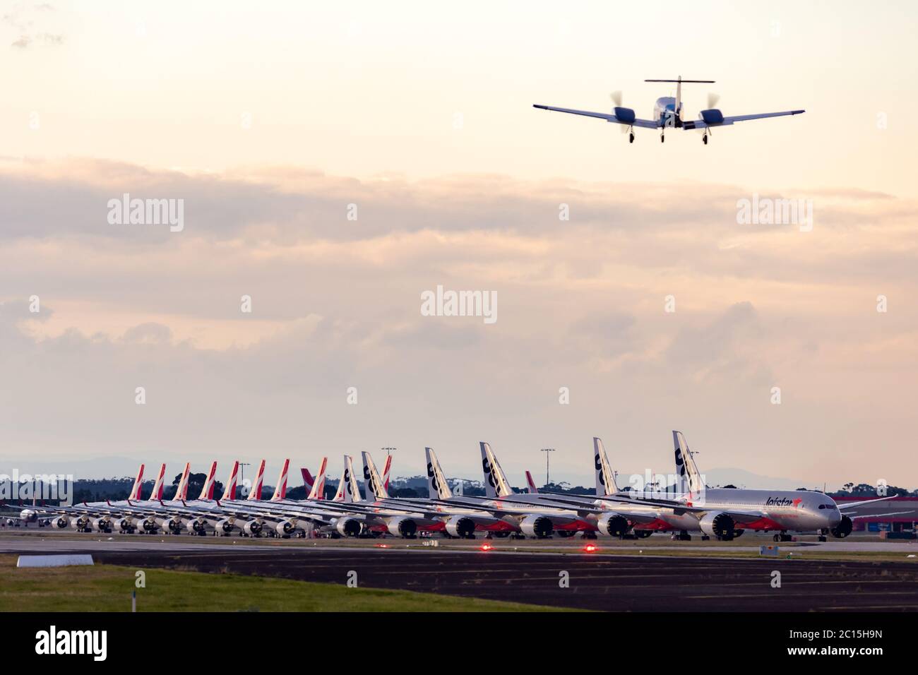 Avalon, Australia - June 13, 2020: Jetstar and Qantas aircraft parked at Avalon Airport after being grounded during the COVID-19 (Coronavirus) outbrea Stock Photo