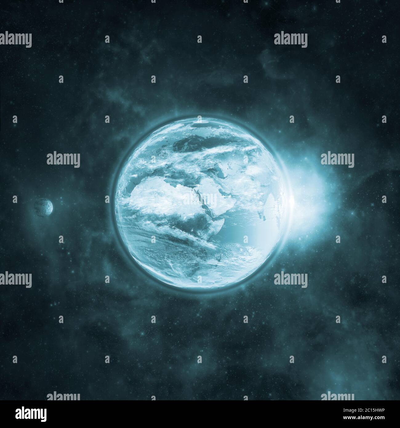 Planet earth in outer space with moon, atmosphere and sunlight Stock Photo