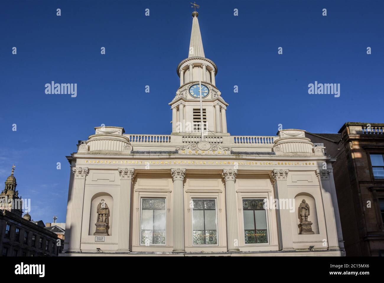 The white Hutcheson's Hall, former hospital and currently a restaurant on Ingram Street, Merchant City Glasgow Stock Photo