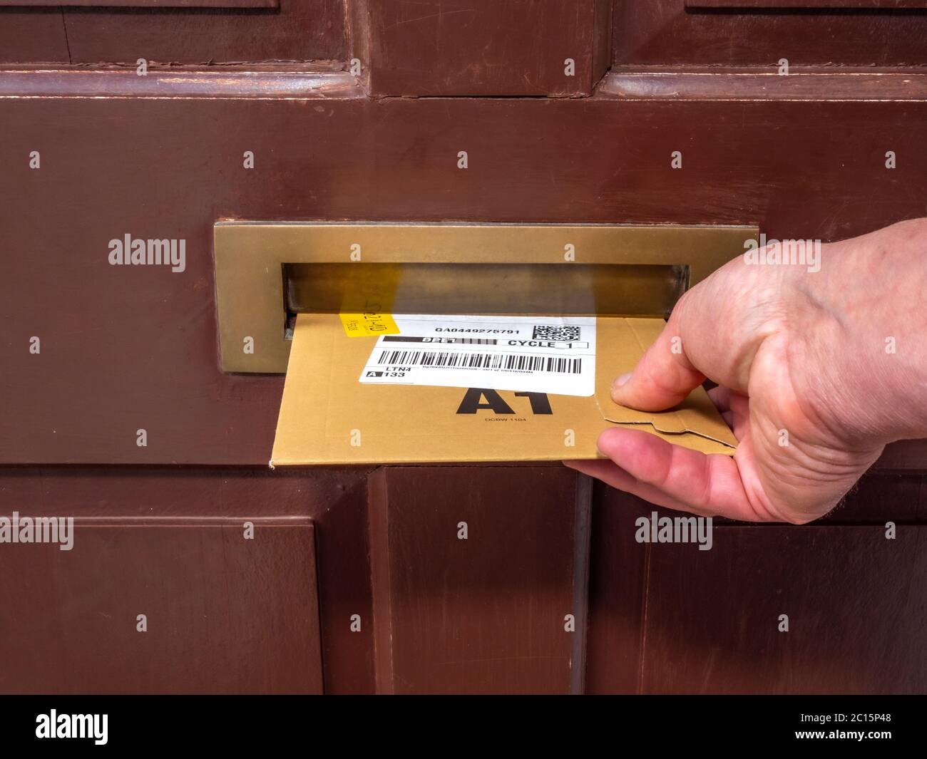 A man’s hand pushing a flat cardboard packet with label from the delivery / shipping company, through the brass letterbox of an old wooden front door. Stock Photo