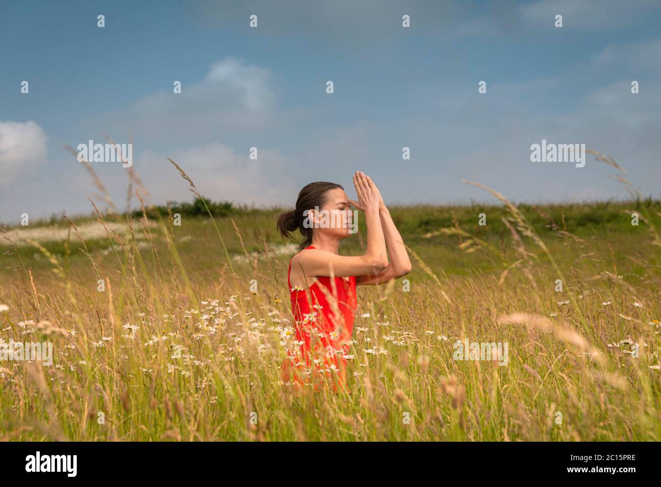 Woman practicing yoga in a field of dasiies and wild flowers, meditation concept. Stock Photo