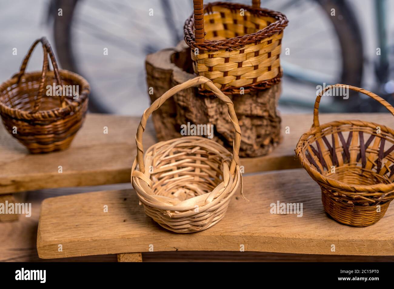 Rustic wicker baskets decoration vitrine. Home decor. Natural