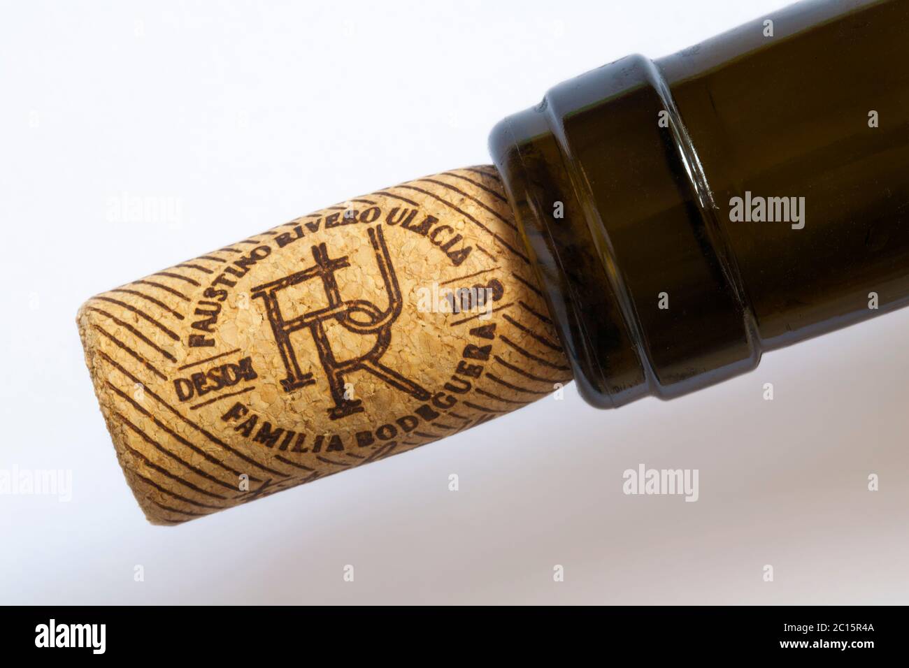 Faustino Rivero Ulecia Familia Bodeguera wine cork in wine bottle of white Rioja set on white background Stock Photo