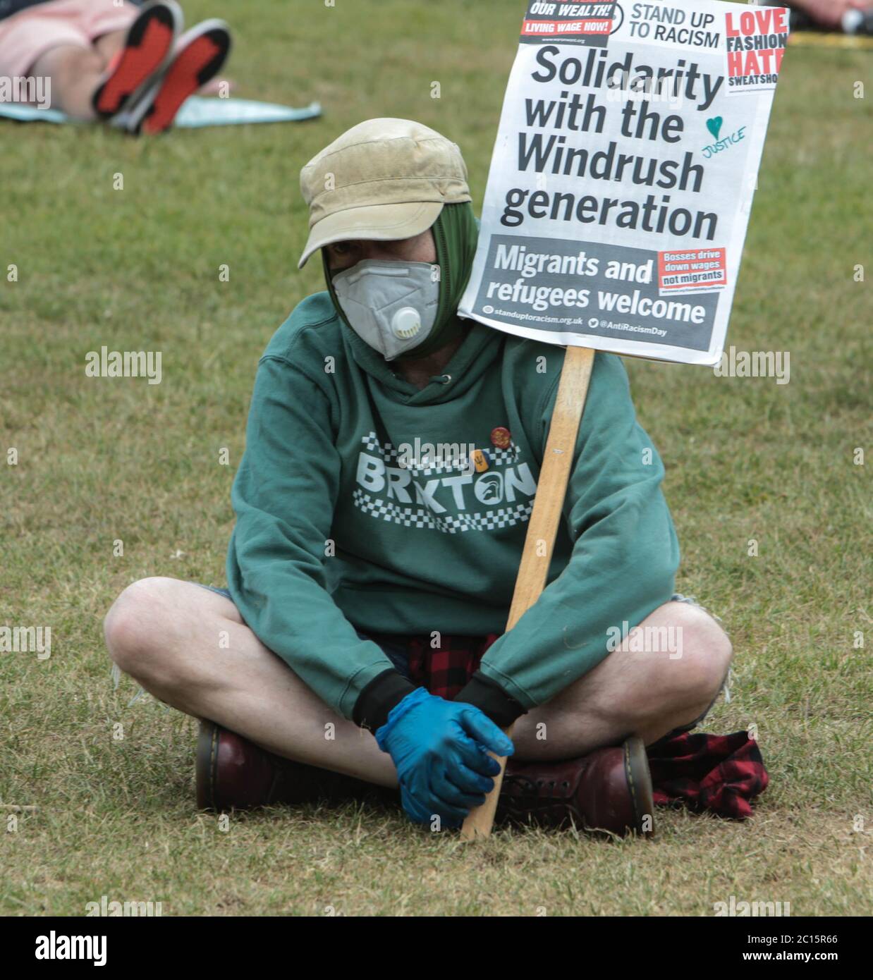 London UK 14 June 2020 Wandsworth Stand up to Racism and BLM , organised a peaceful protest on Tooting Common today. People who attended wore green as asked by the organisers to remember the 3rd anniversary of the fire at Greenfell. Paul Quezada-Neiman/Alamy Live News Stock Photo