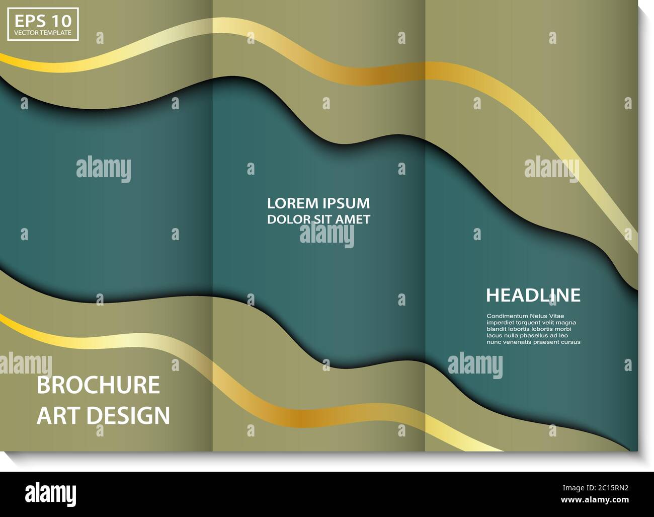 Vector brochure template dark green and bezh color with golden lines and paper cut shadow style
