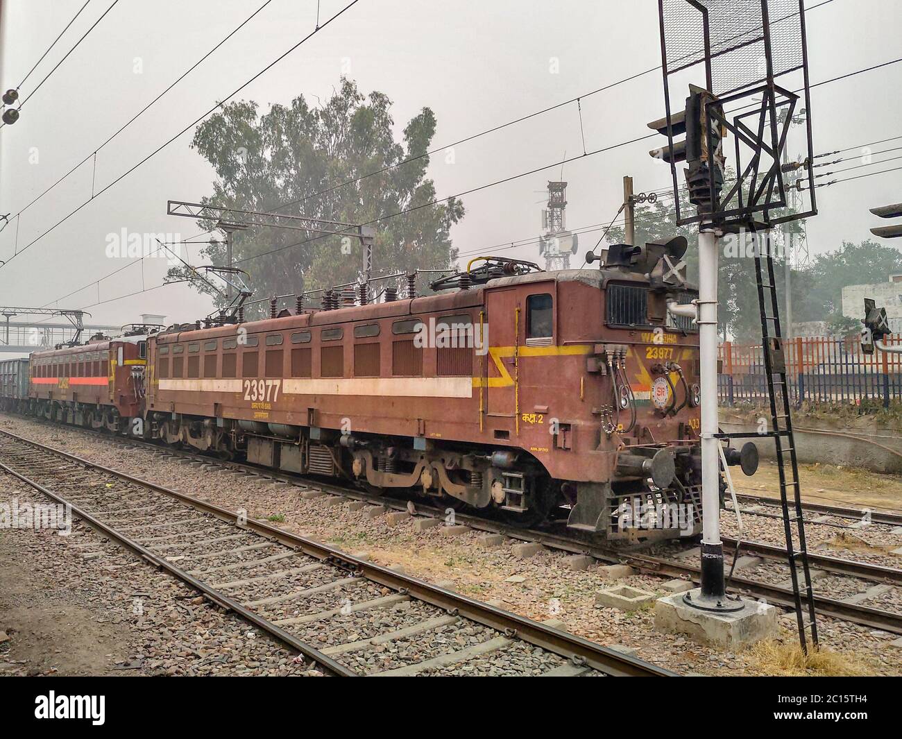Editorial. Dated-18th April 2020, location - New Delhi.An Indian Frieght train. A forward view of outside the train door. Stock Photo