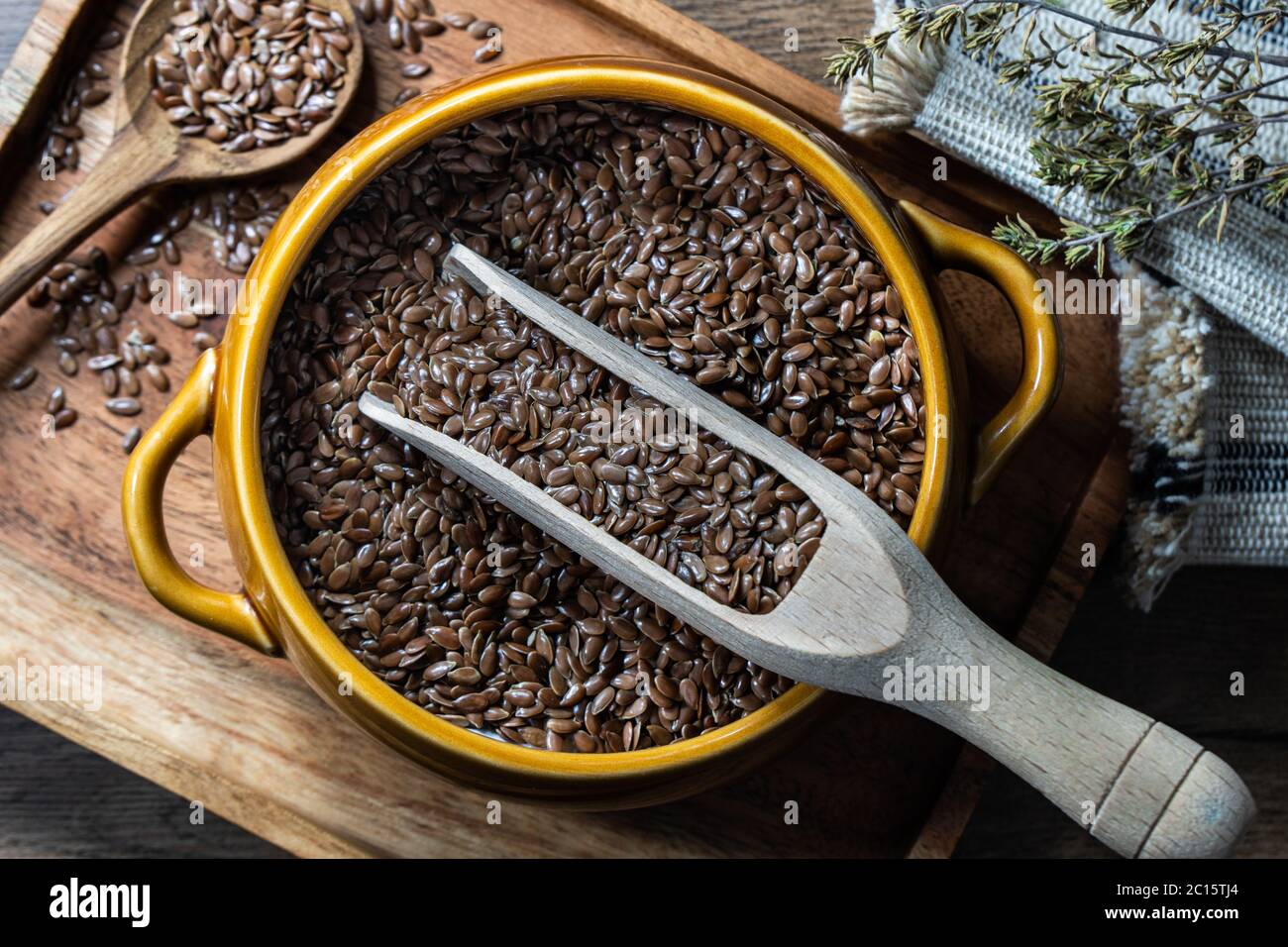 Chia seeds inside rustic bowl. Chia seeds are a popular superfood packed with healthy vitamins and antioxidants. Stock Photo