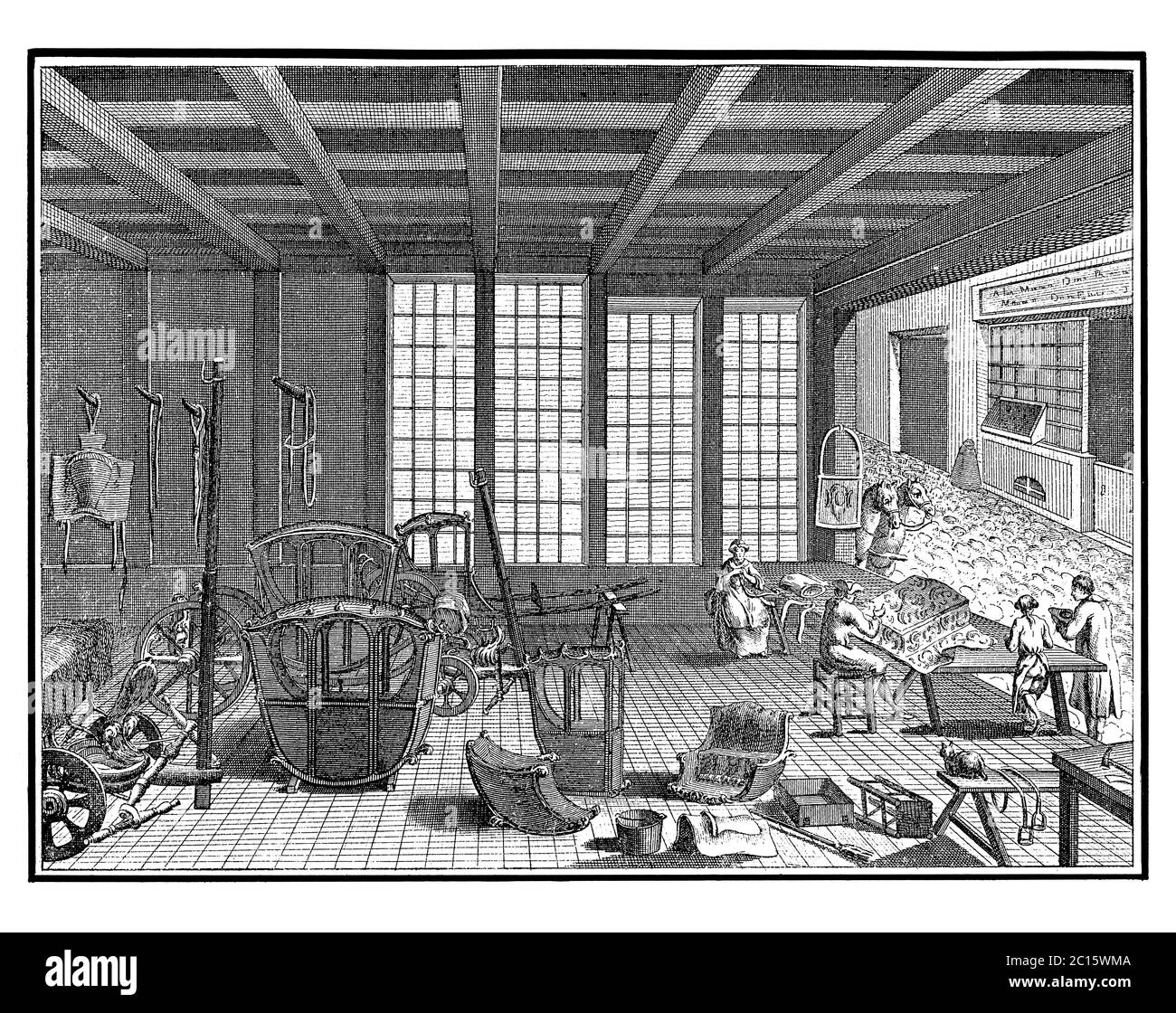 Antique illustration of carriage manufacturing. Published in 'A Diderot Pictorial Encyclopedia of Trades and Industry. Manufacturing and the Technical Stock Photo