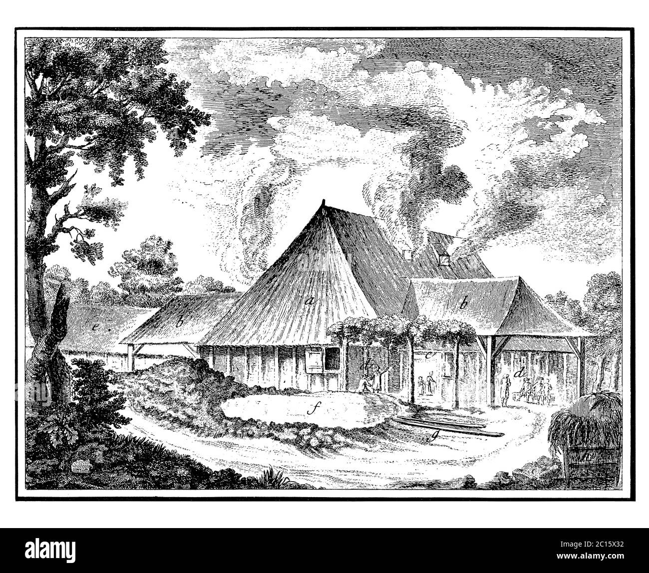 Antique illustration of crown glass factory designed in Norman architecture. Published in 'A Diderot Pictorial Encyclopedia of Trades and Industry. Ma Stock Photo