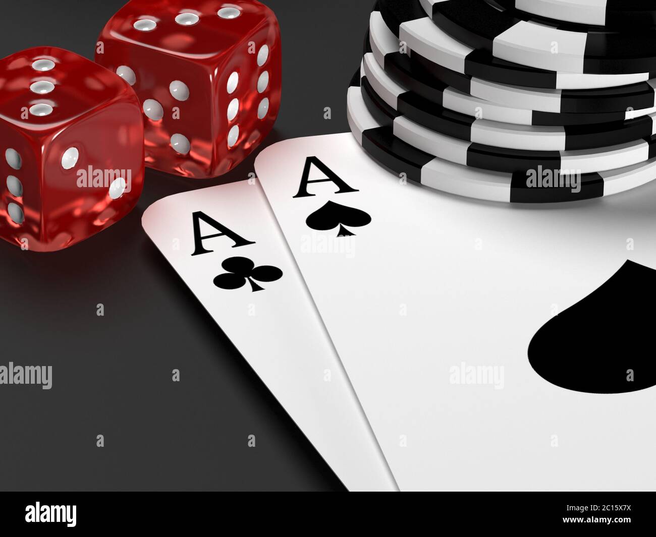 Casino theme background with Ace pair hand, red dice and stack of black chips. 3D illustration Stock Photo