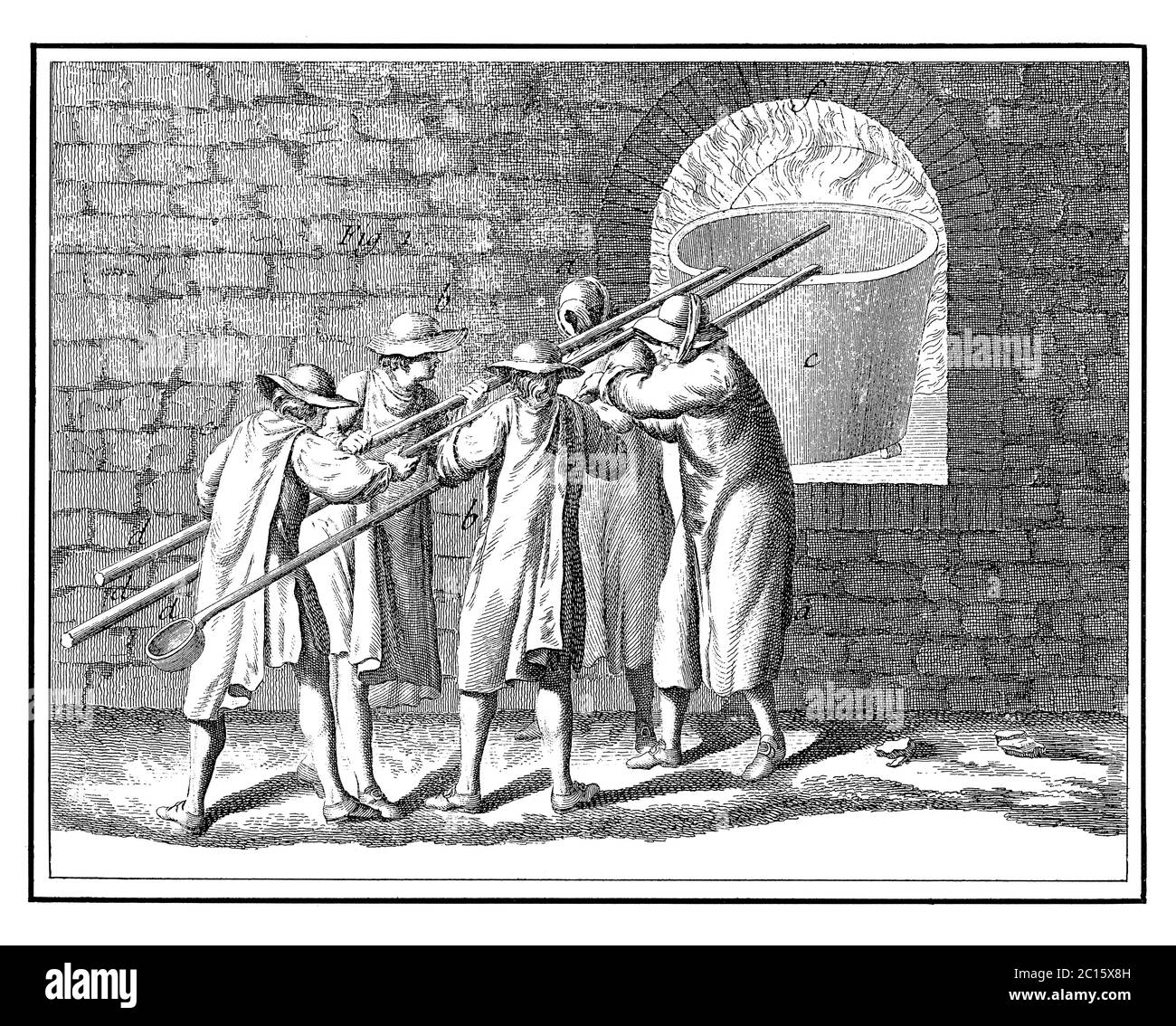 Antique illustration of how workmen lifted a pot to the siege by the lever. Published in 'A Diderot Pictorial Encyclopedia of Trades and Industry. Man Stock Photo