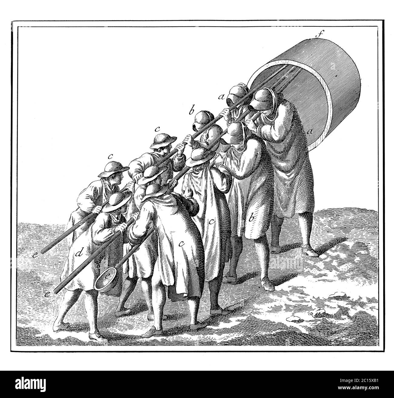 Antique illustration of how workers carrying a pot to the glass furnace. Published in 'A Diderot Pictorial Encyclopedia of Trades and Industry. Manufa Stock Photo