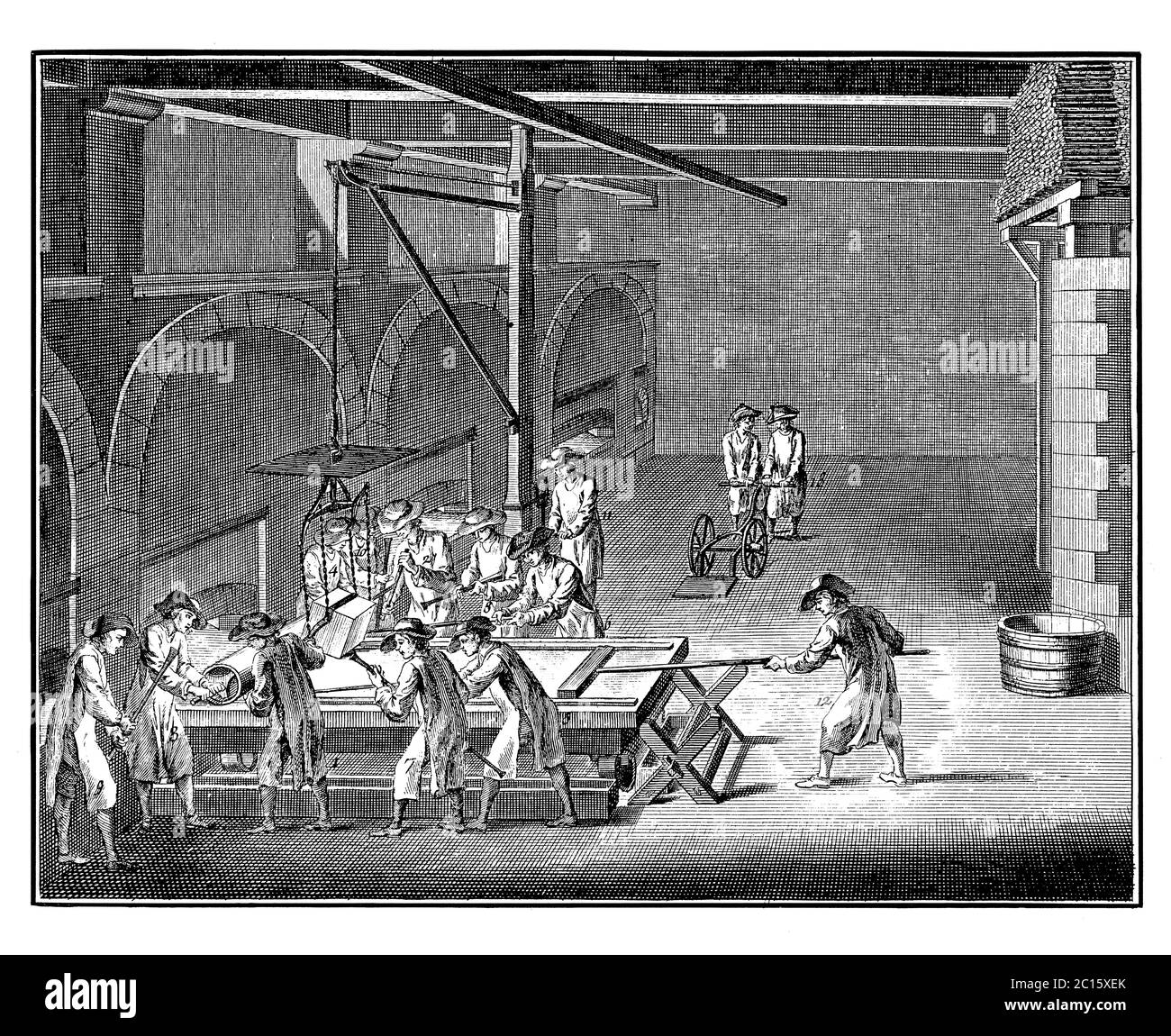 Antique illustration representing pouring a glass plate, the climax of