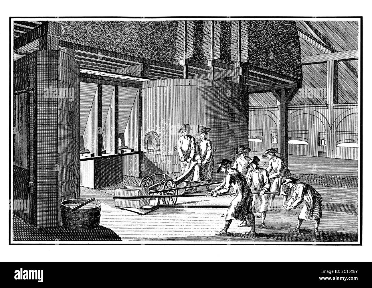 Antique illustration representing a plate glass manufacturing process