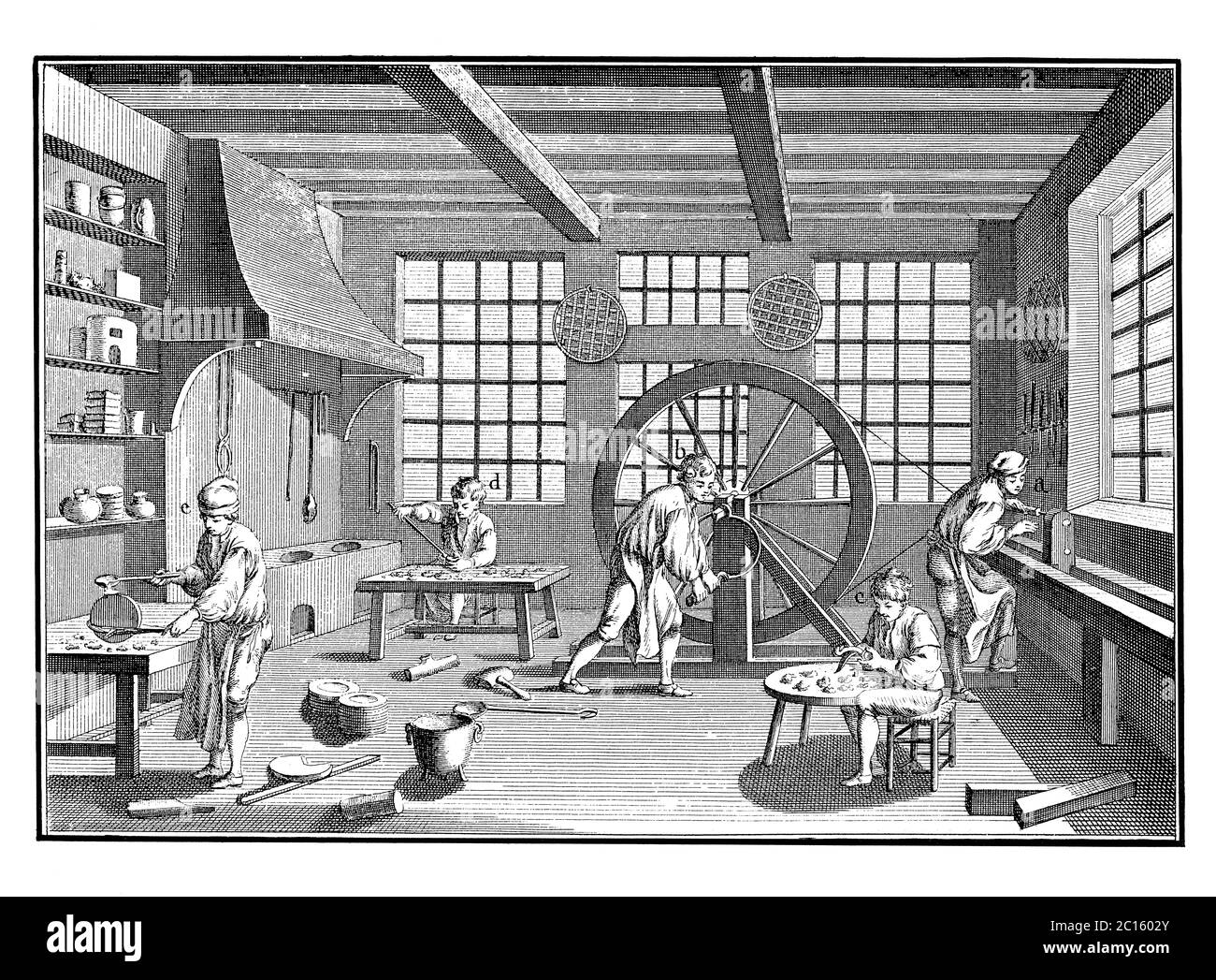 18th century illustration of pewtermaker's workshop. Published in 'A Diderot Pictorial Encyclopedia of Trades and Industry Stock Photo