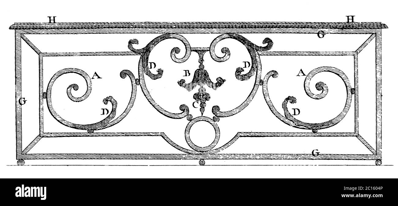 18th century illustration of a sketch of ornamental ironwork. Published in 'A Diderot Pictorial Encyclopedia of Trades and Industry. Manufacturing and Stock Photo